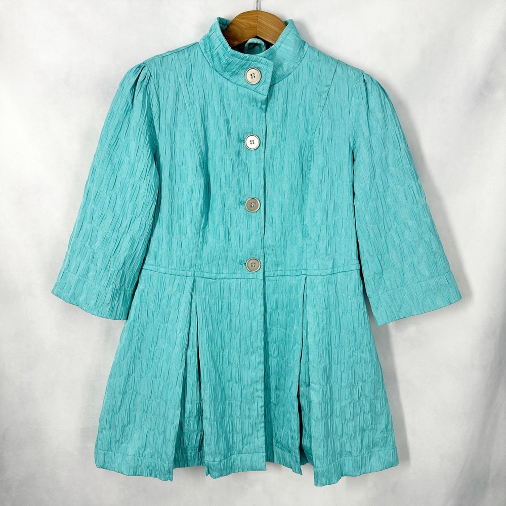 Ethyl Cotton 3/4 Sleeve Aqua Blue Textured Button Front Jacket Women Size Medium